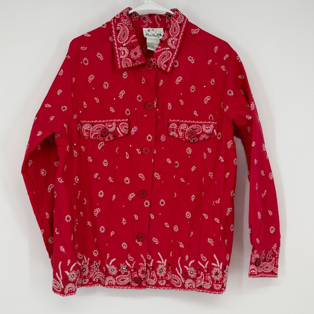 Quacker Factory Red‎ Bandana Jacket Beaded Western Cowgirl Cotton L Rodeo